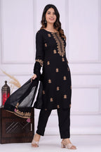 Black Printed Rayon Kurta and Pant Set with Dupatta