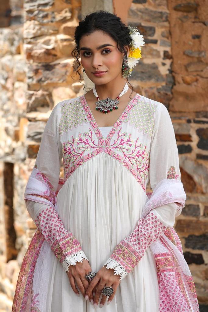 Pink Procion Printed Mulmul Anarkali Gown with Dupatta
