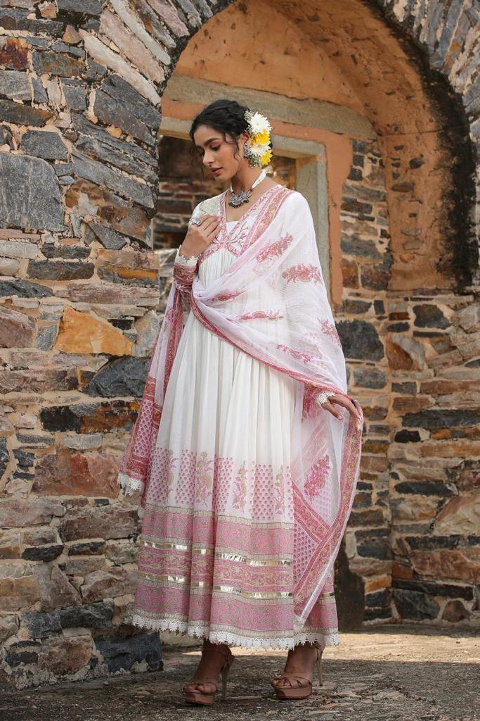 Pink Procion Printed Mulmul Anarkali Gown with Dupatta