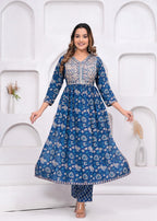 Blue Embroidered Floral Printed Rayon Suit Set with Chiffon Dupatta