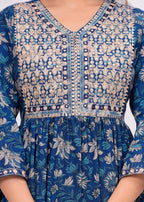 Blue Embroidered Floral Printed Rayon Suit Set with Chiffon Dupatta