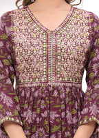Wine Embroidered Floral Printed Rayon Suit Set with Chiffon Dupatta