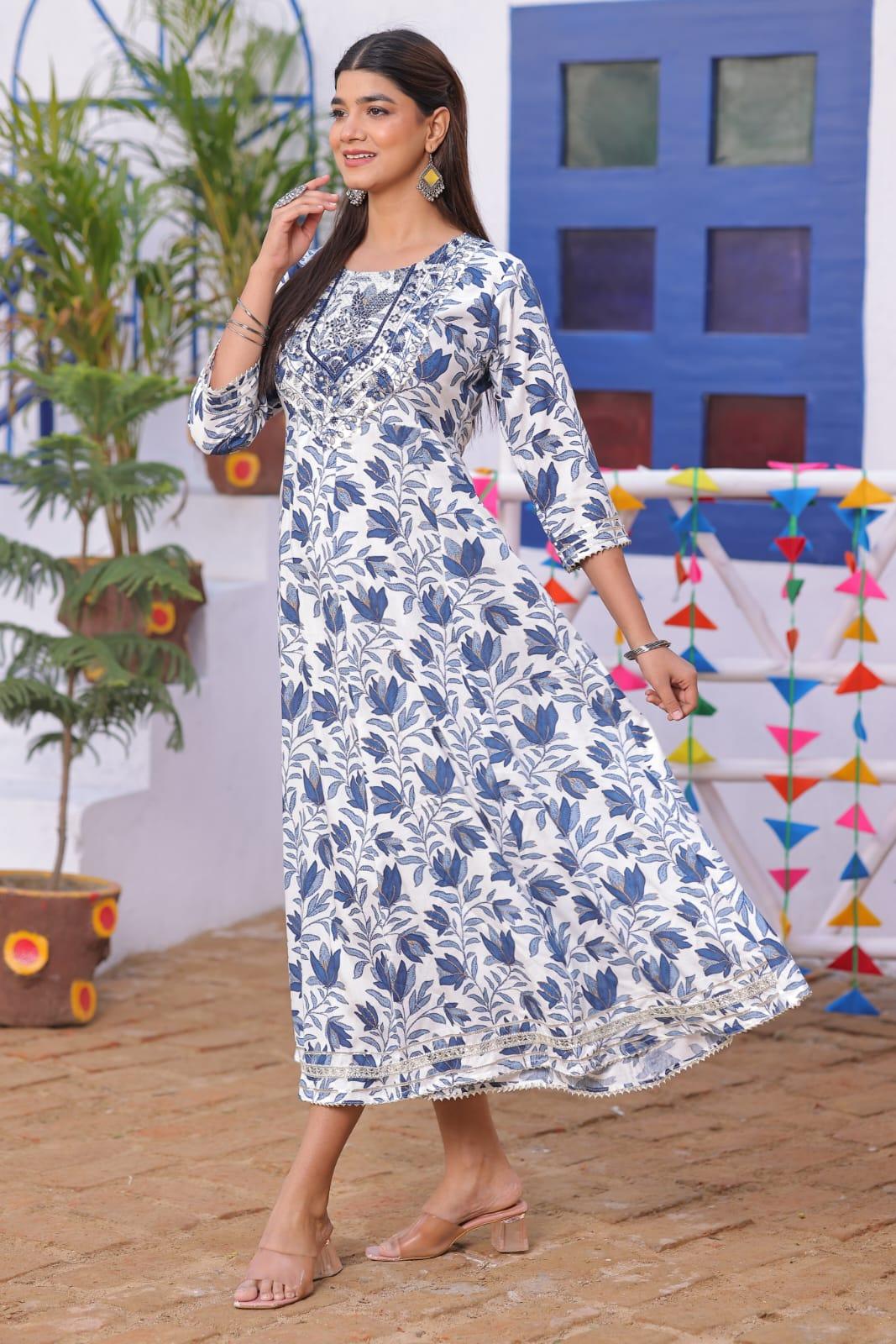 White Blue Embroidered Rayon Anarkali Gown