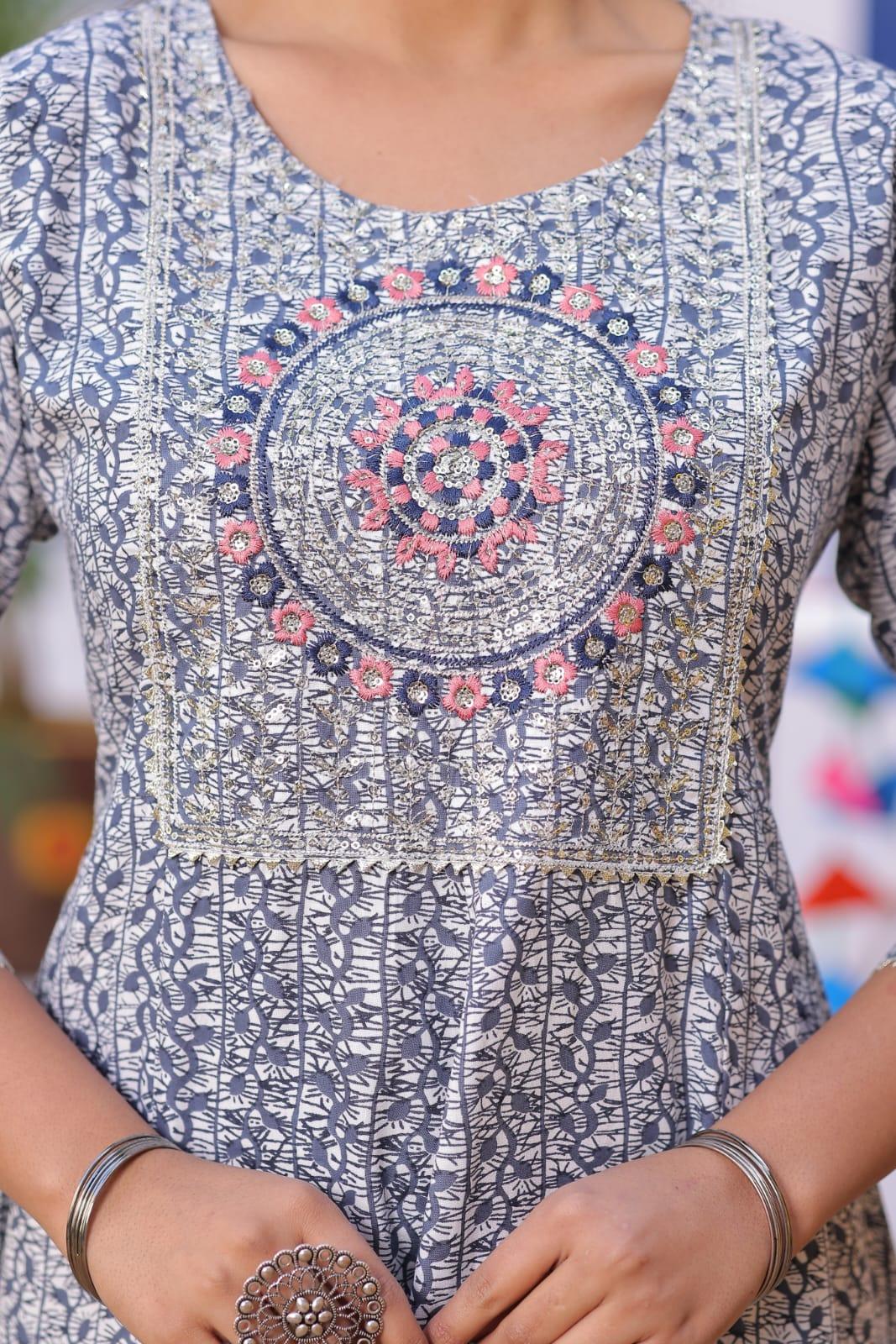 Blueish Grey Embroidered Rayon Anarkali Gown