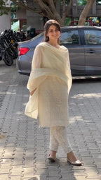 Chikankari Off White Kurta and Pant Set with Chanderi Dupatta