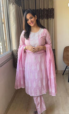 Pink Embroidered Cotton Suit Set With Printed Mulmul Dupatta