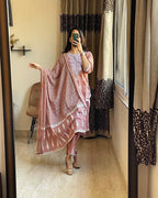 Rosy Brown Embroidered Cotton Suit Set With Printed Mulmul Dupatta