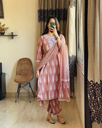 Rosy Brown Embroidered Cotton Suit Set With Printed Mulmul Dupatta