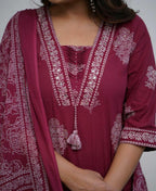 Maroon Cotton Kurta And Pant Set With Mulmul Dupatta