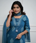 Dusk Blue Cotton Kurta And Pant Set With Mulmul Dupatta