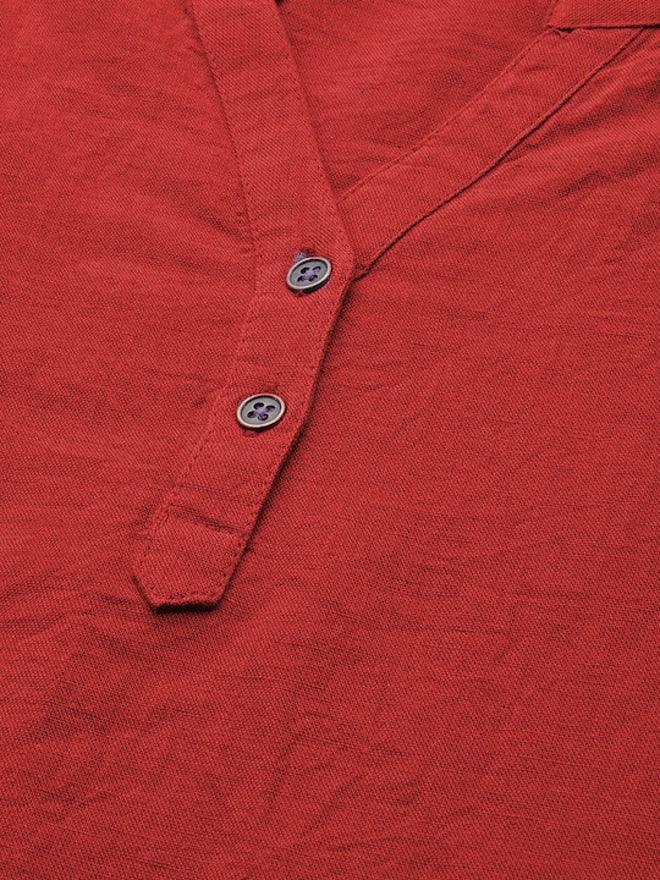 Red Cotton Linen Roll Up Sleeves Short Kurta