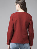 Maroon Cotton Linen Roll Up Sleeves Short Kurta