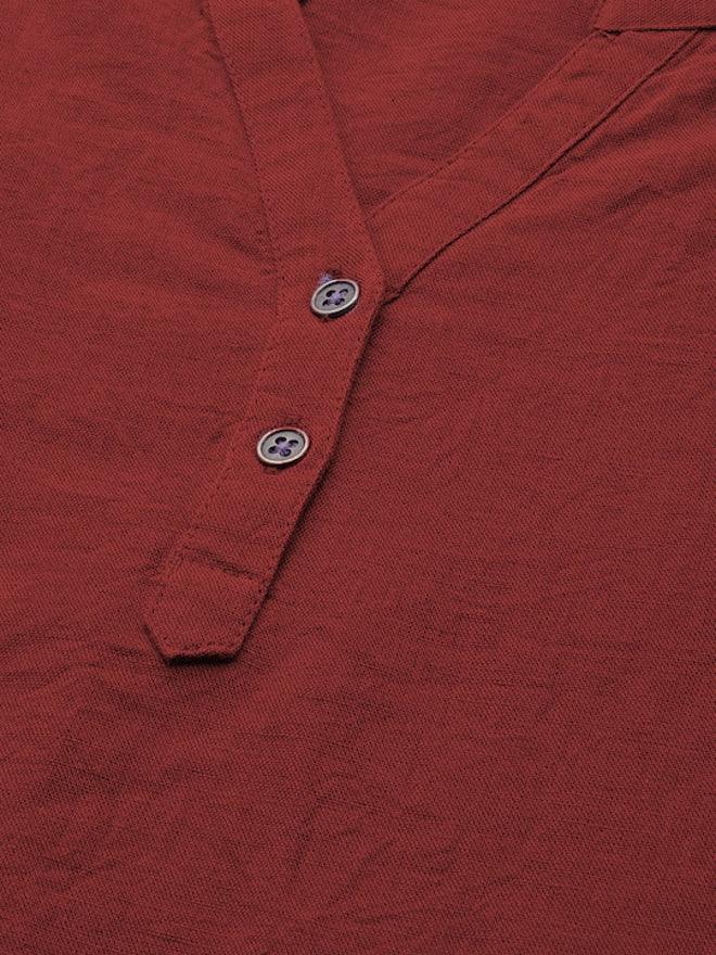 Maroon Cotton Linen Roll Up Sleeves Short Kurta