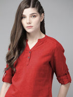 Red Cotton Linen Roll Up Sleeves Short Kurta