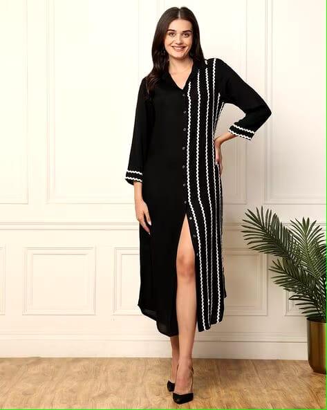 Black Embroidered Rayon A-line Midi Dress