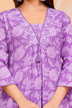 Deep Lilac Printed Cotton Kurta and Pant Set with Dupatta