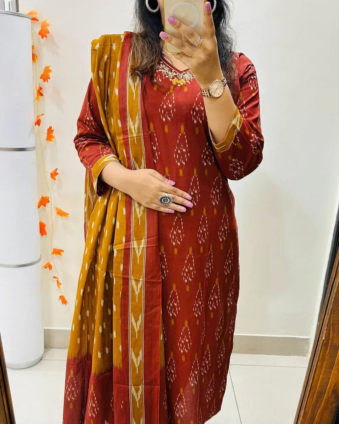 BlBA Premium Ajrak Cotton Suit Set – Maroon & Mustard Ikat Print | Kurti, Pant & Dupatta