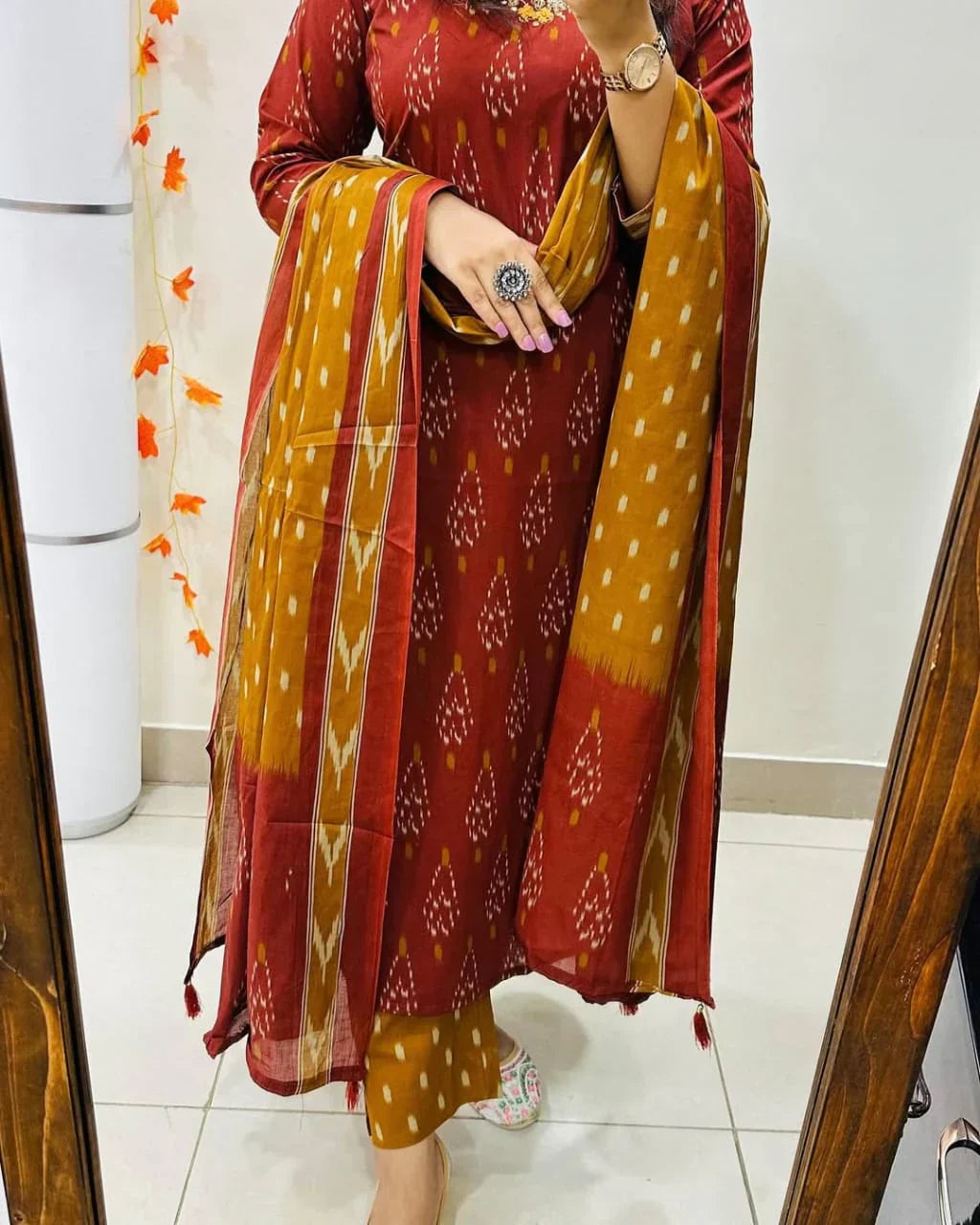 BlBA Premium Ajrak Cotton Suit Set – Maroon & Mustard Ikat Print | Kurti, Pant & Dupatta