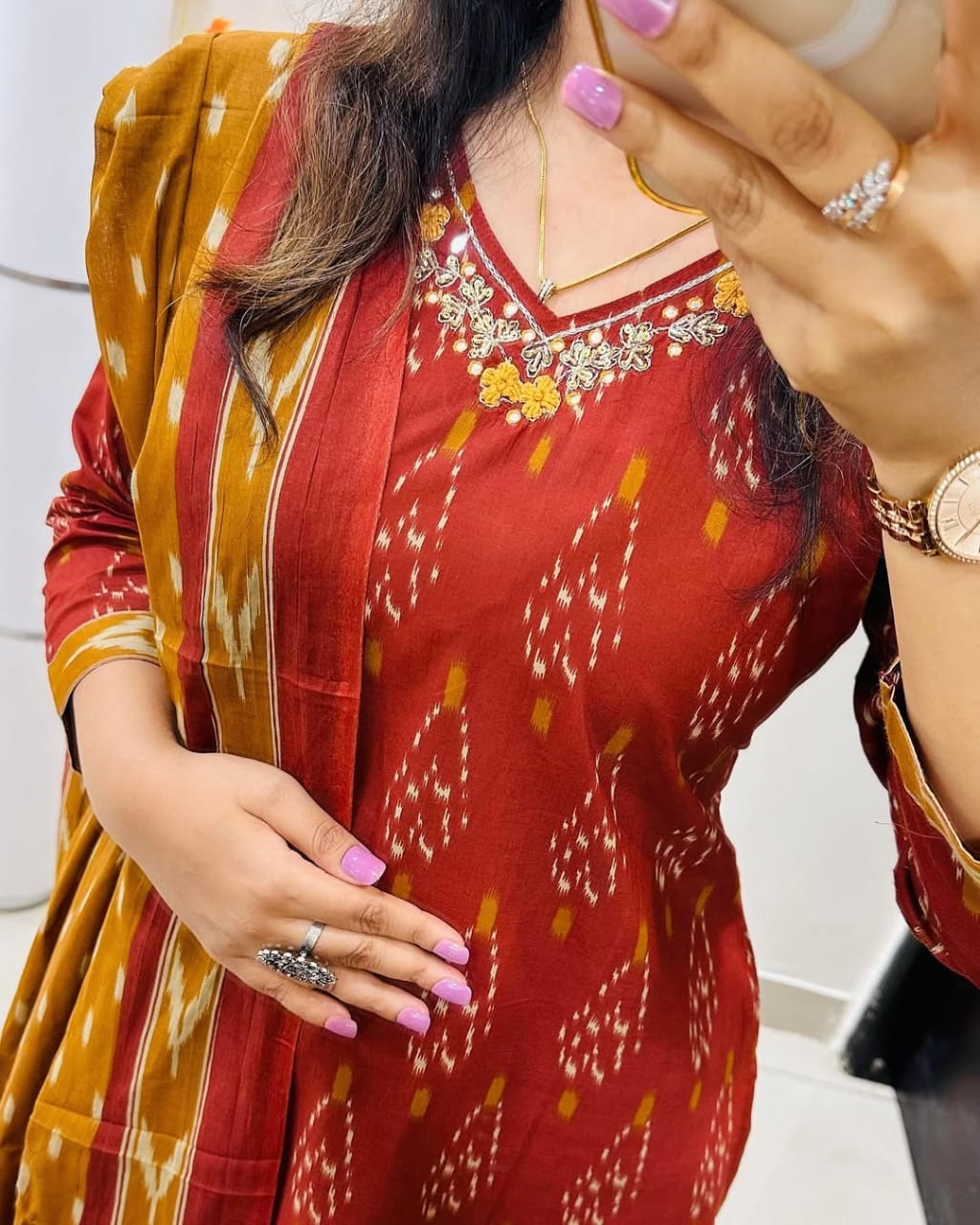 BlBA Premium Ajrak Cotton Suit Set – Maroon & Mustard Ikat Print | Kurti, Pant & Dupatta