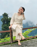 Off White Embroidered Cotton Kurta And Pant Set