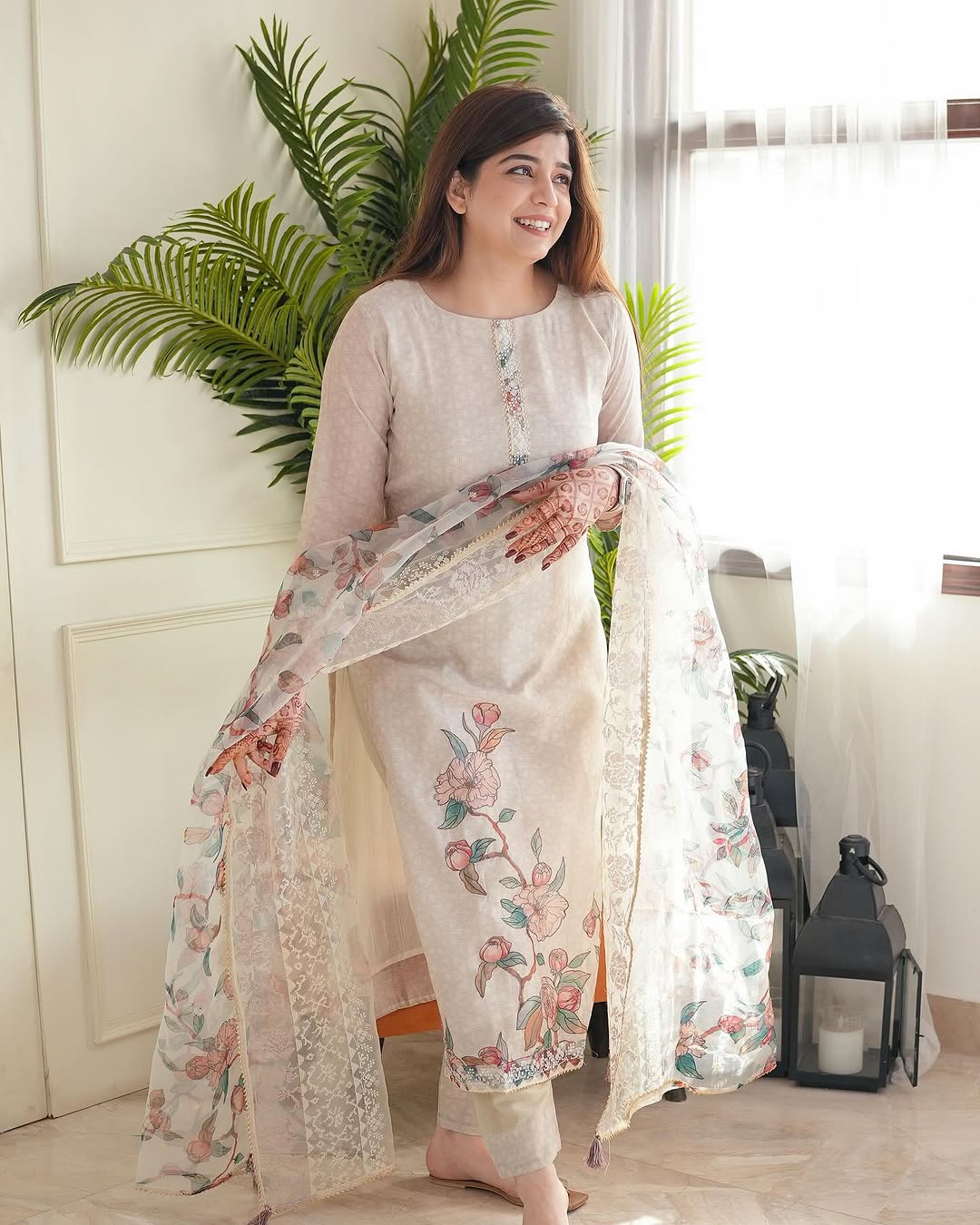 Elegant Off-White Suit with Pastel Embroidery