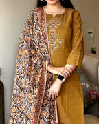 Mustard Brown Embroidered Kurta Set With Floral Dupatta
