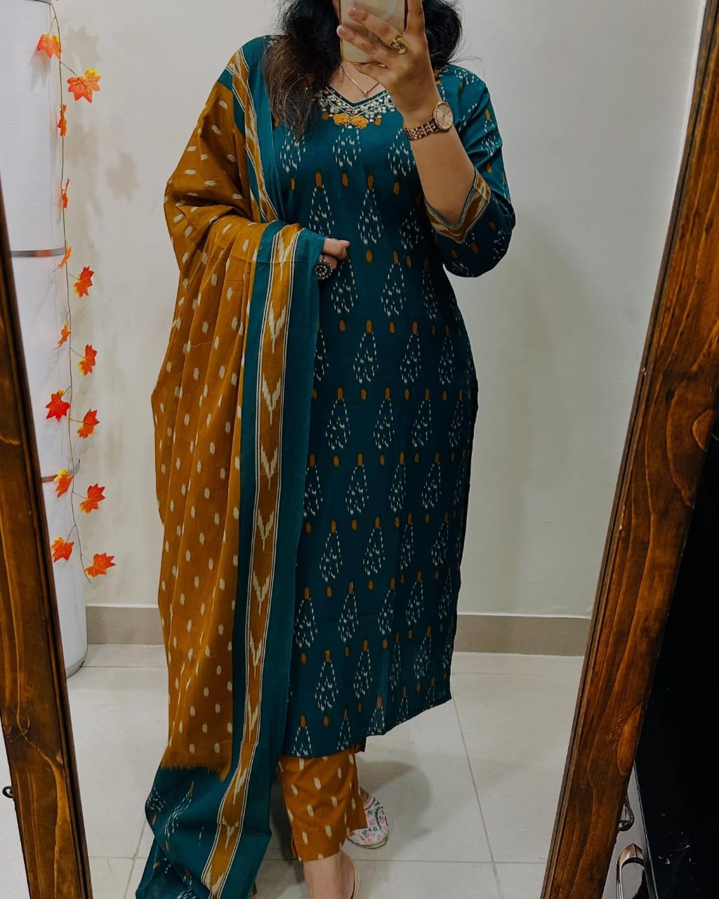 BlBA Premium Ajrak Cotton Suit Set – Teal & Mustard Ikat Print | Kurti, Pant & Dupatta