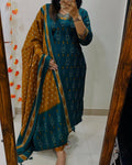 BlBA Premium Ajrak Cotton Suit Set – Teal & Mustard Ikat Print | Kurti, Pant & Dupatta