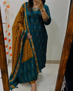 BlBA Premium Ajrak Cotton Suit Set – Teal & Mustard Ikat Print | Kurti, Pant & Dupatta
