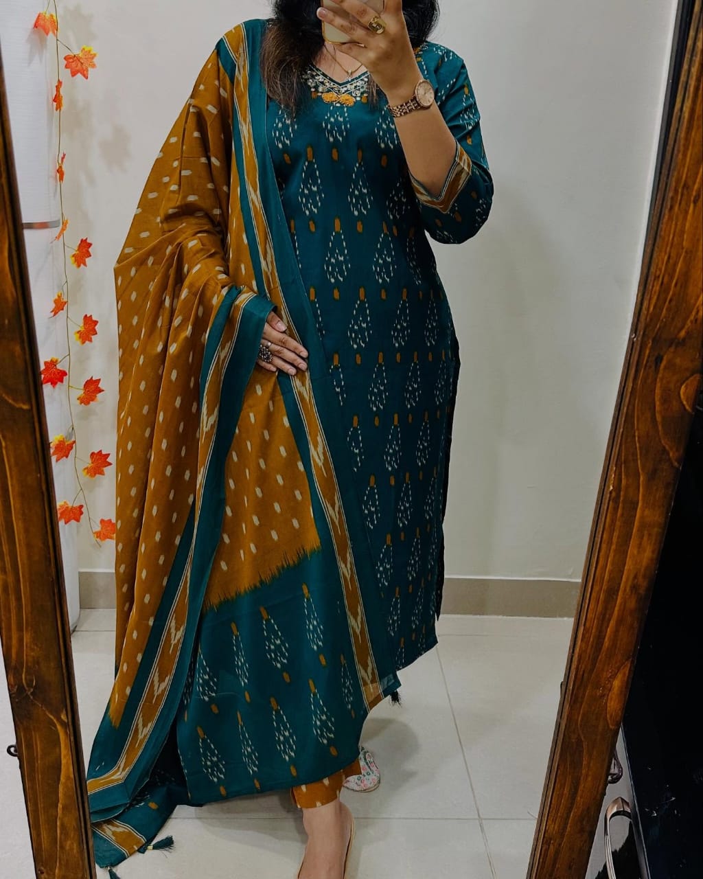 BlBA Premium Ajrak Cotton Suit Set – Teal & Mustard Ikat Print | Kurti, Pant & Dupatta