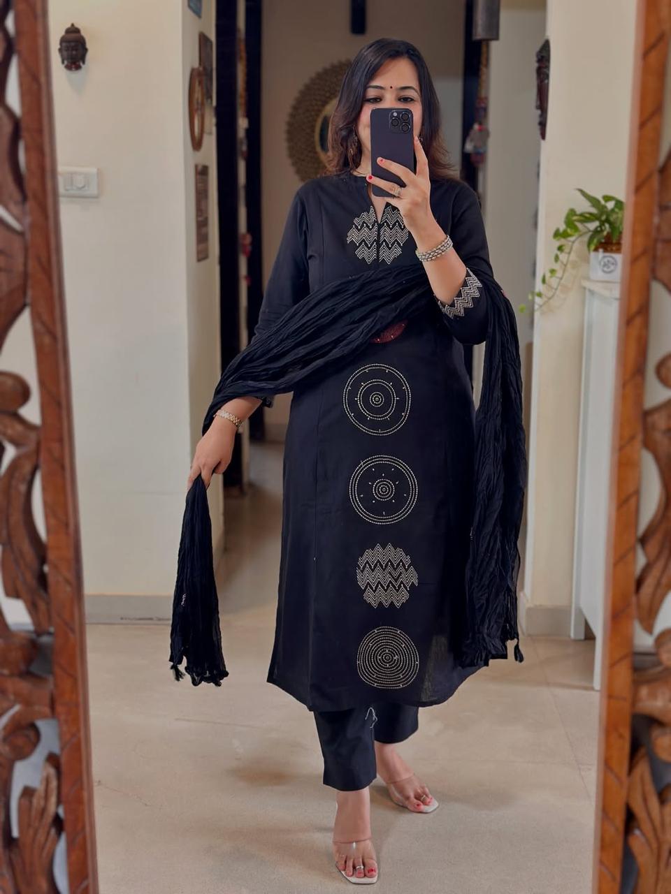 Blue Cotton Kurta with Geometric Embroidery Detailing