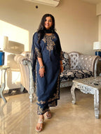 Navy Blue Embroidered Cotton Kurta and Pant Set with Dupatta