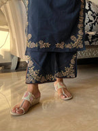 Navy Blue Embroidered Cotton Kurta and Pant Set with Dupatta