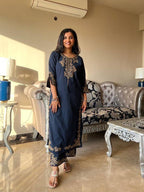 Navy Blue Embroidered Cotton Kurta and Pant Set with Dupatta