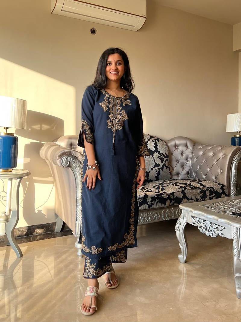 Navy Blue Embroidered Cotton Kurta and Pant Set with Dupatta