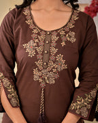 Brown Embroidered Cotton Kurta and Pant Set with Dupatta