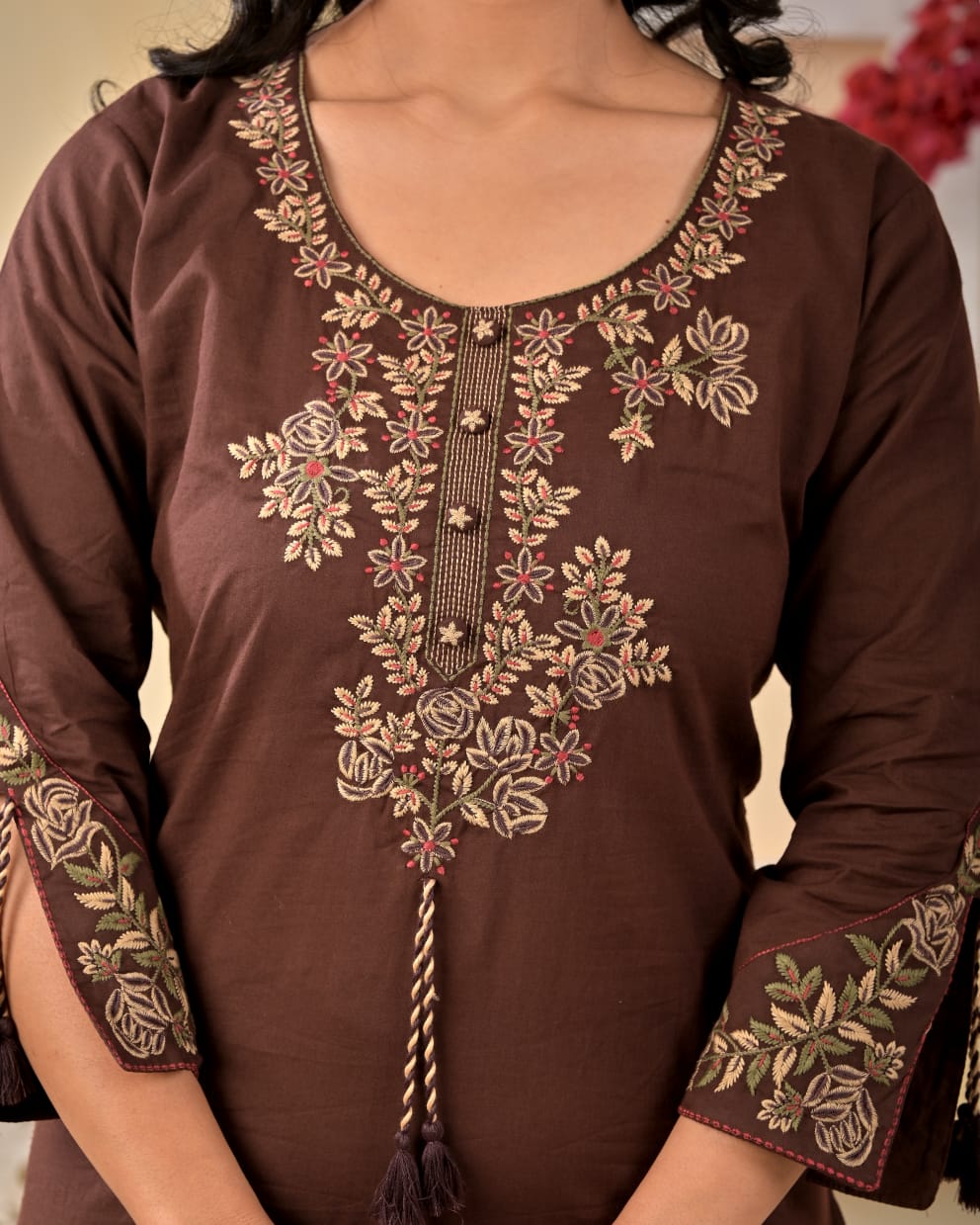 Brown Embroidered Cotton Kurta and Pant Set with Dupatta