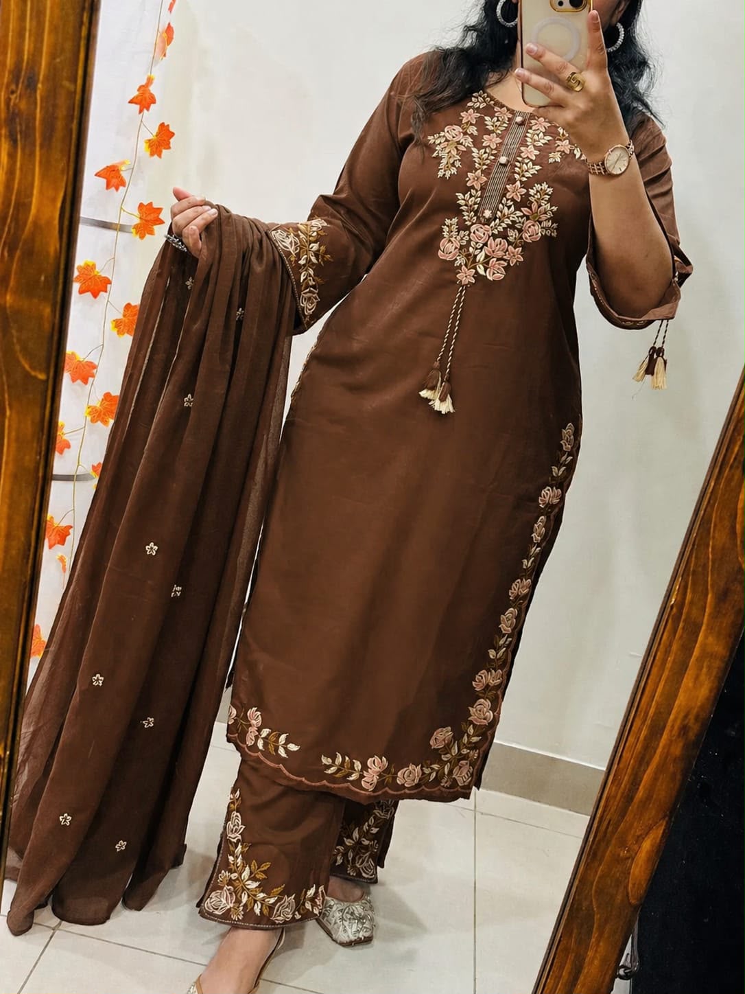 Brown Embroidered Cotton Kurta and Pant Set with Dupatta
