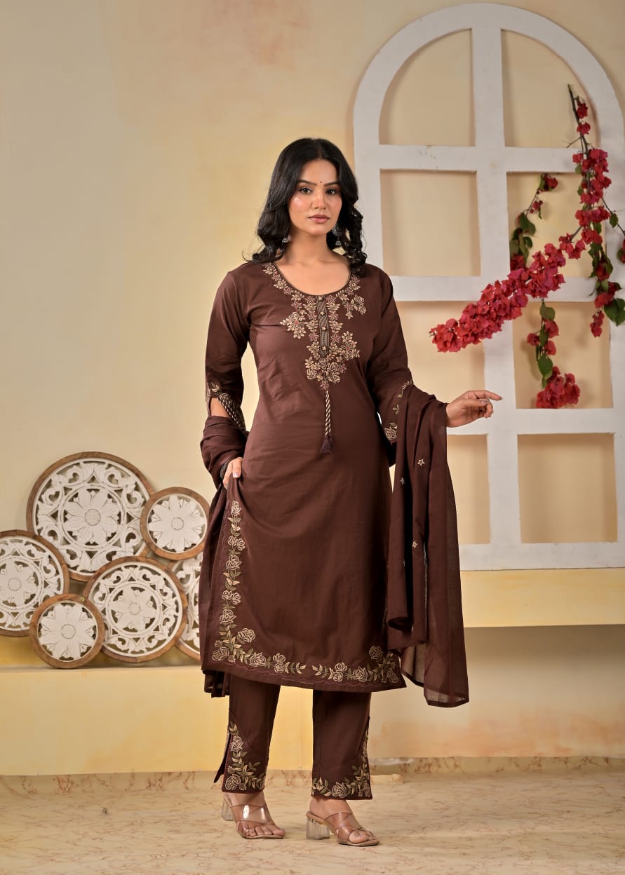 Brown Embroidered Cotton Kurta and Pant Set with Dupatta