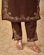 Brown Embroidered Cotton Kurta and Pant Set with Dupatta