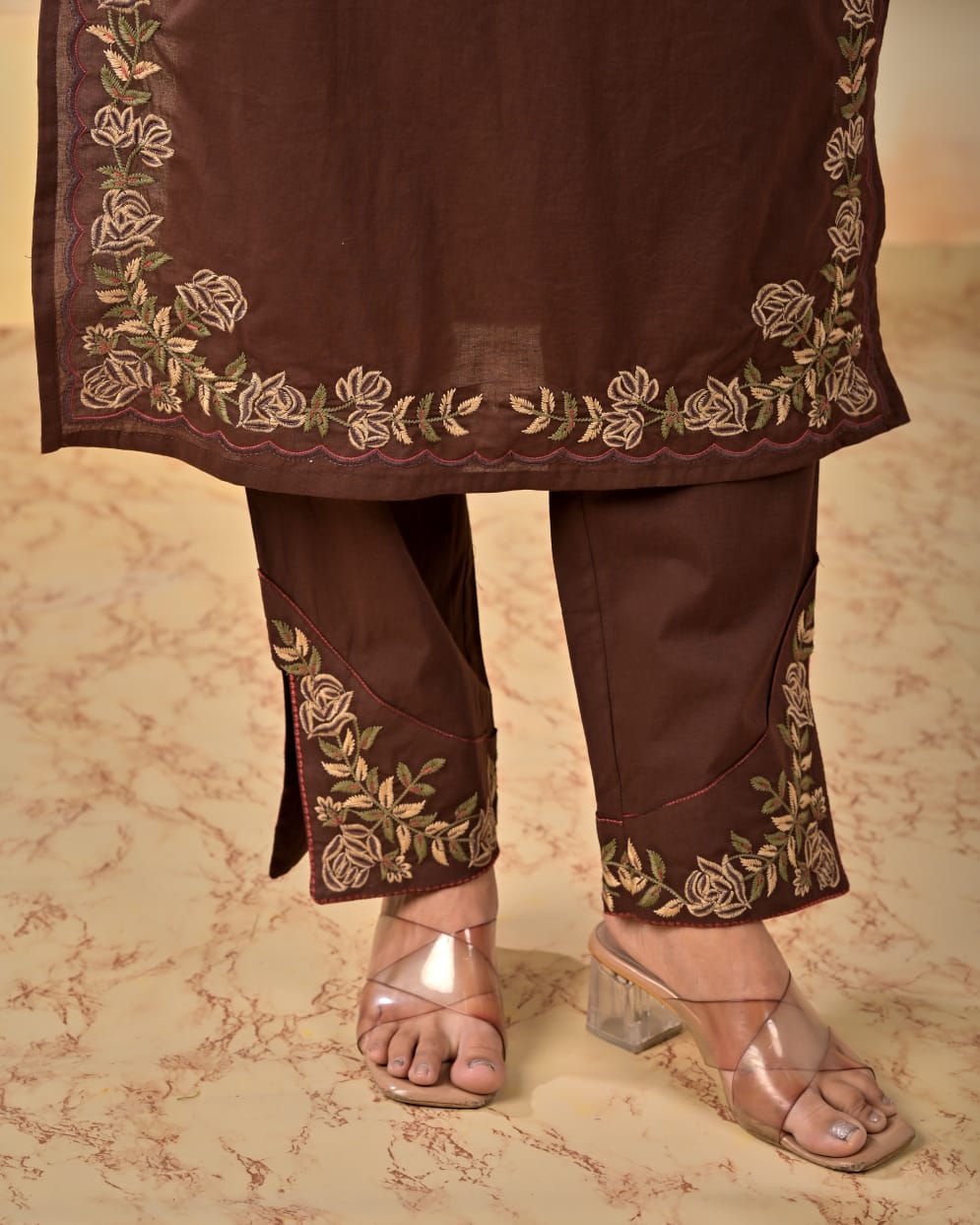 Brown Embroidered Cotton Kurta and Pant Set with Dupatta