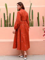 Rust Orange Mirror Work Cotton Dress