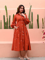 Rust Orange Mirror Work Cotton Dress