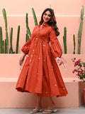 Rust Orange Mirror Work Cotton Dress