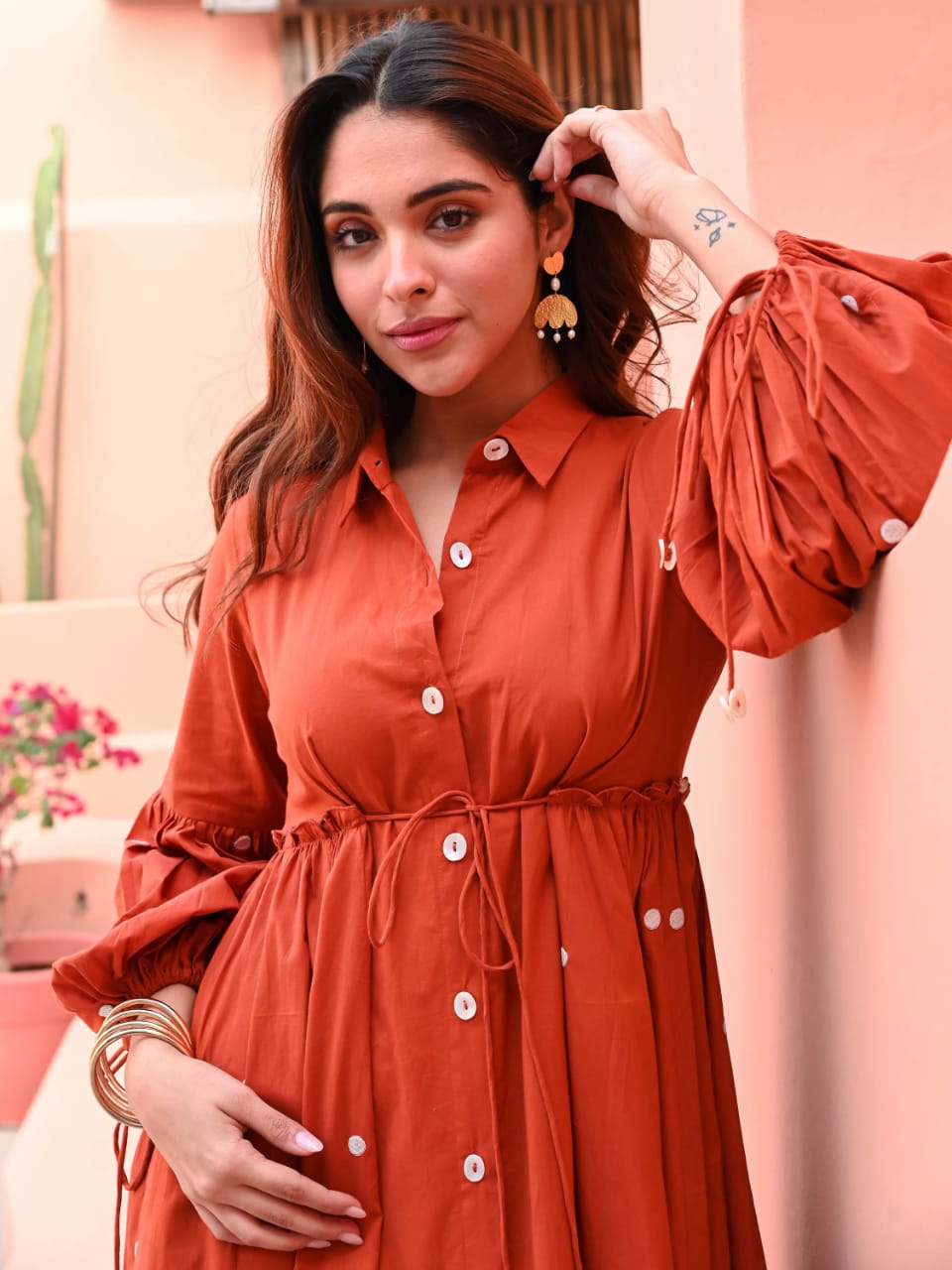 Rust Orange Mirror Work Cotton Dress