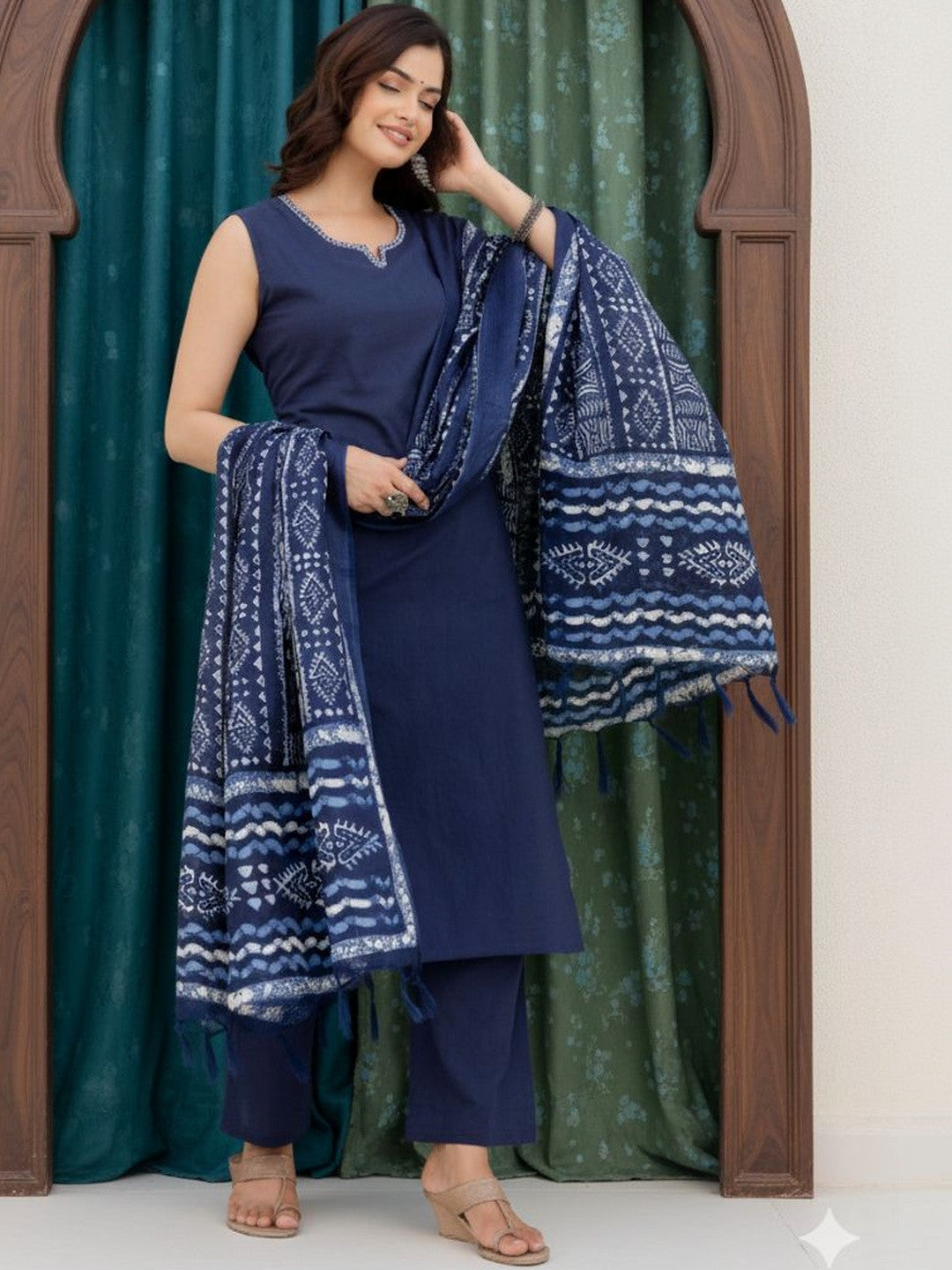 Navy Cotton Flex Sleeveless Kurta and Pant Set with Dupatta