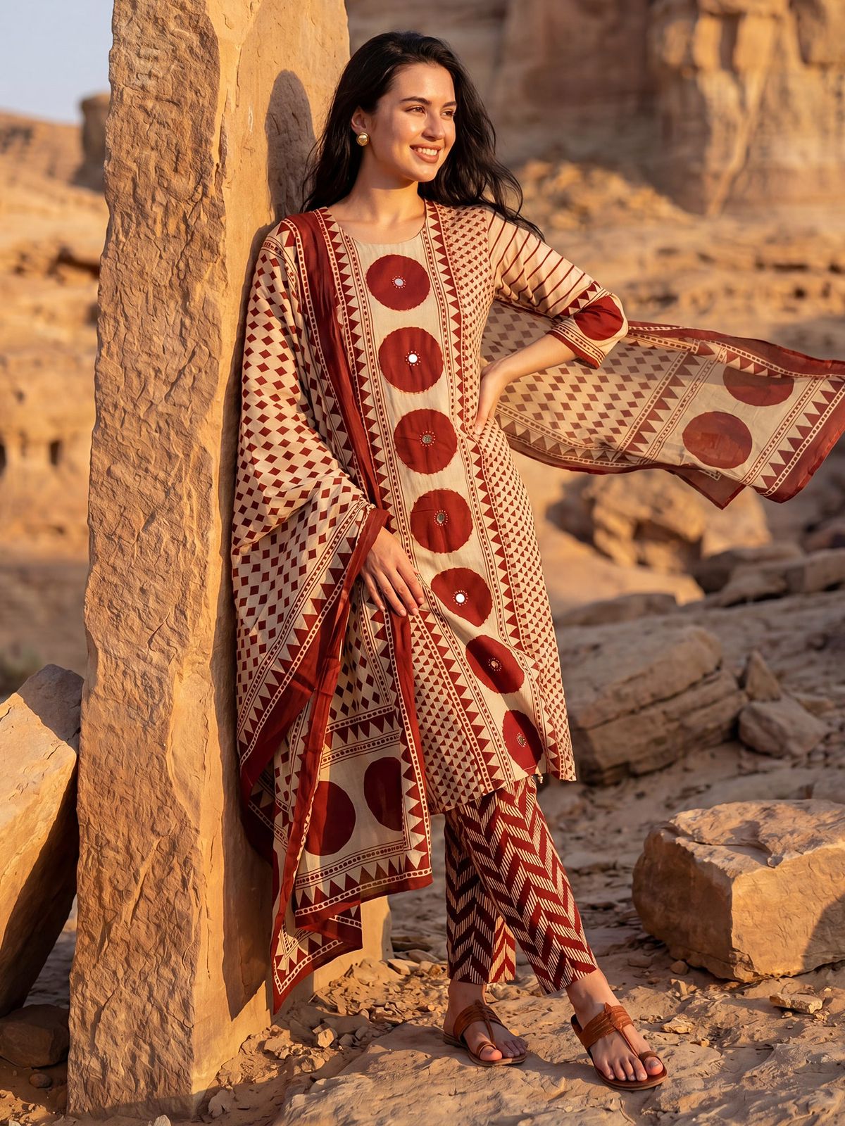 Beige Maroon Printed Cotton Kurta and Pant Set with Dupatta