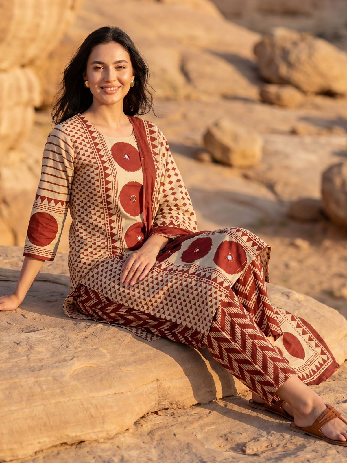 Beige Maroon Printed Cotton Kurta and Pant Set with Dupatta