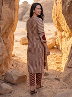 Beige Maroon Printed Cotton Kurta and Pant Set with Dupatta