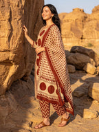 Beige Maroon Printed Cotton Kurta and Pant Set with Dupatta